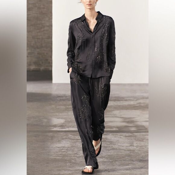 ZARA WOMAN ZW COLLECTION BEADED EMBROIDERY SHIRT ANTHRACITE GREY - Picture 1 of 9